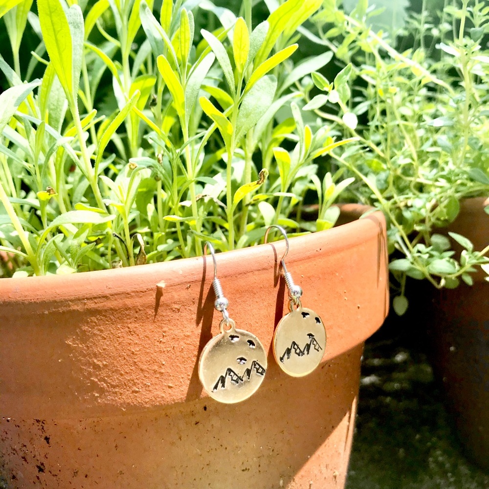Hand stamped brass mountain earrings